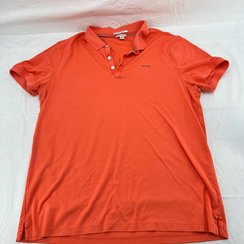 Calvin‎ Klein Mens Liquid Cotton Polo Shirt Orange Short Sleeve Logo Size L